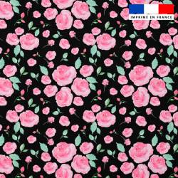 Popeline de coton noire peigné motif bouquet de fleurs roses