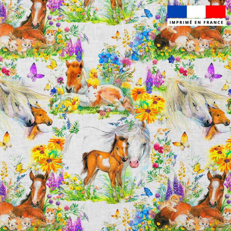Popeline de coton peigné motif chevaux et jardin d'été