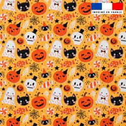 Popeline de coton peigné jaune motif happy halloween