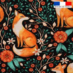 Popeline de coton peigné noire motif renard et fleur d'automne