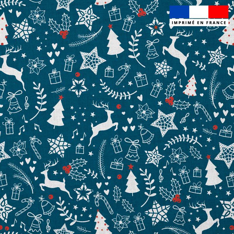 Popeline de coton peigné bleue motif renne et sapin de Noel