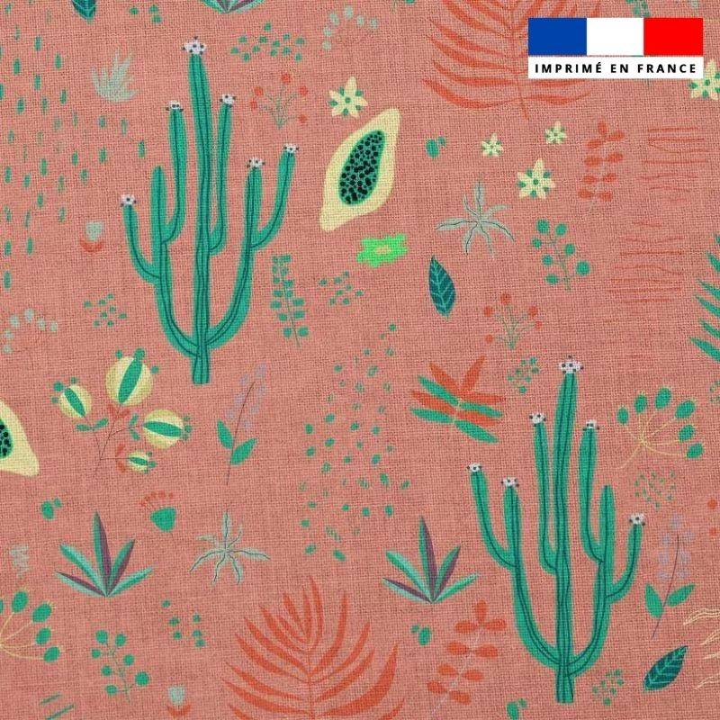 Popeline de coton peigné rose pêche motif cactus et papaye