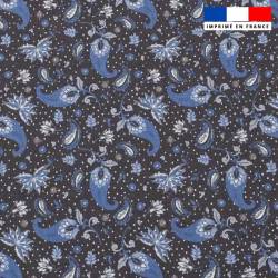 Popeline de coton peigné anthracite motif petit cachemire bleu