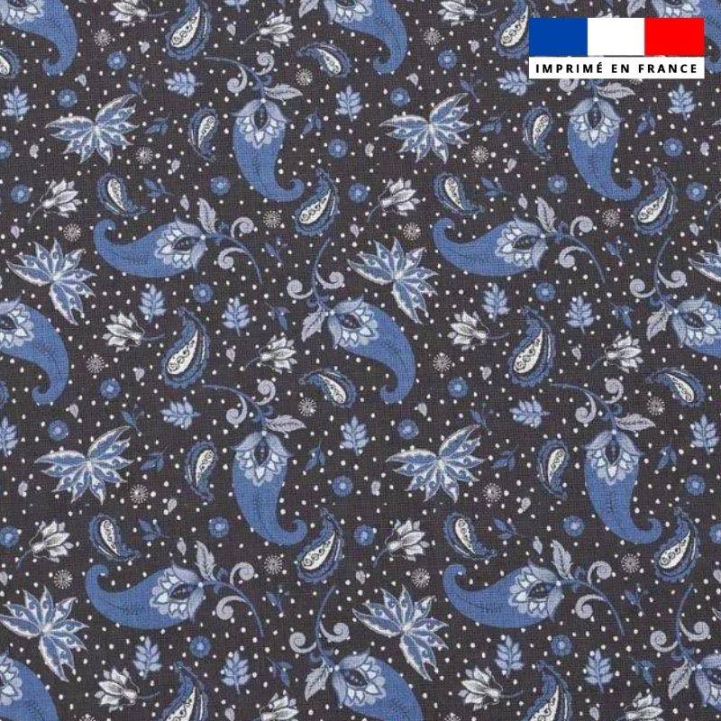Popeline de coton peigné anthracite motif petit cachemire bleu