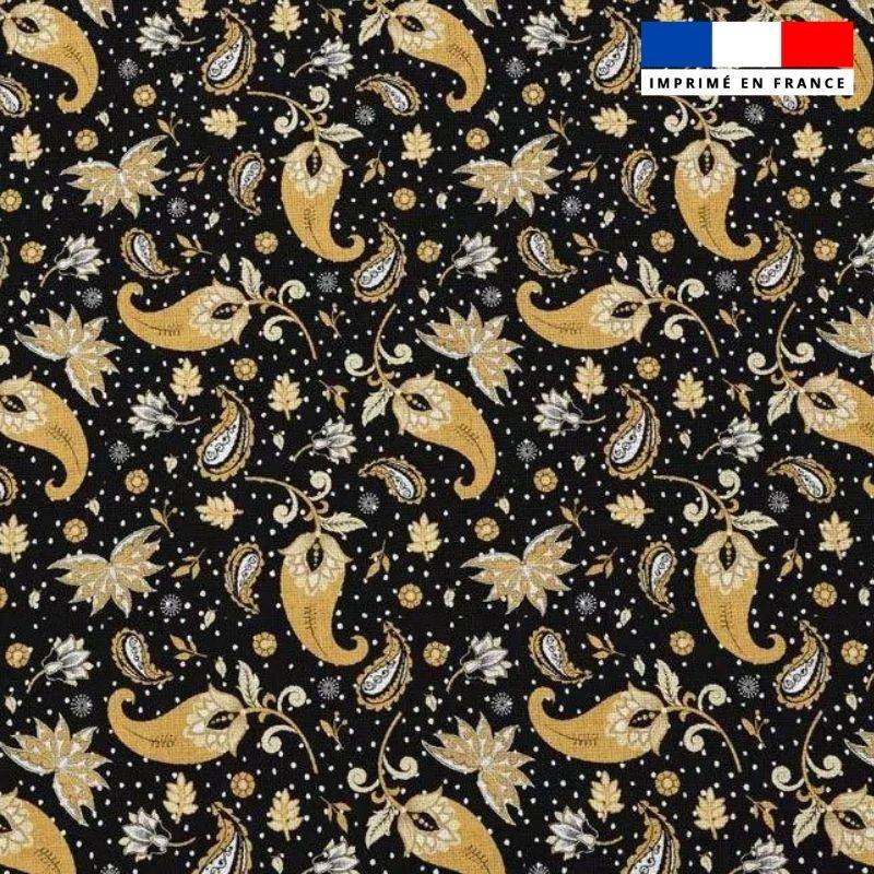 Popeline de coton peigné noire motif petit cachemire ocre Matière