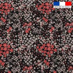 Popeline de coton peigné noire motif fleurs des champs lin et corail