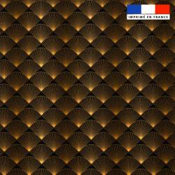 Popeline de coton peigné noire motif damier éventail art déco dorée