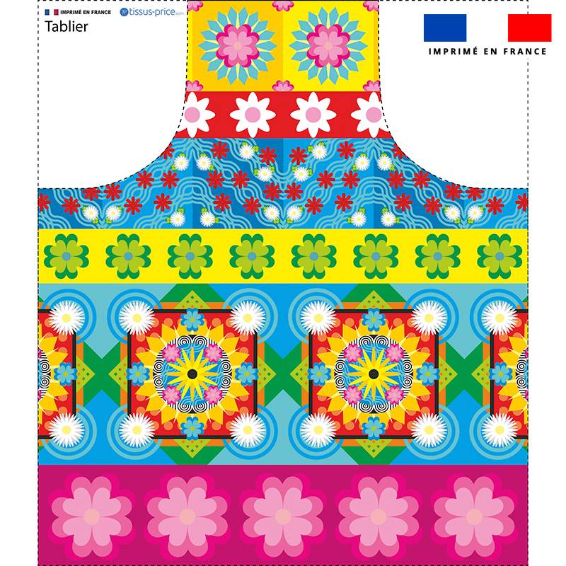 Patron imprimé pour tablier motif fleurs multicolores - Création Lita Blanc