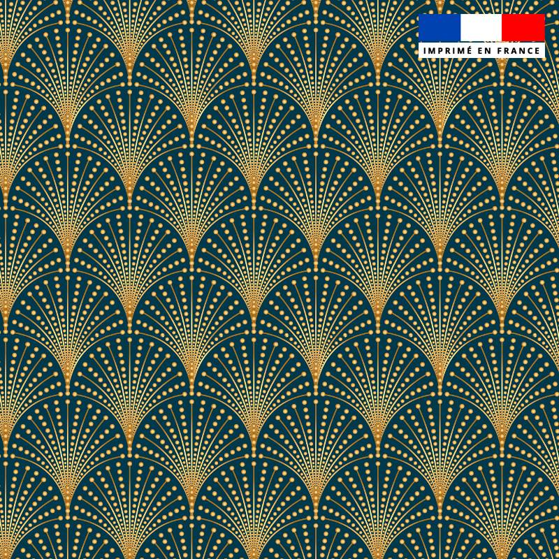 Popeline de coton peigné bleu paon motif éventail doré