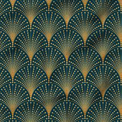 Popeline de coton peigné bleu paon motif éventail doré