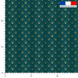 Popeline de coton peigné bleu paon motif damier éventail art déco dorée