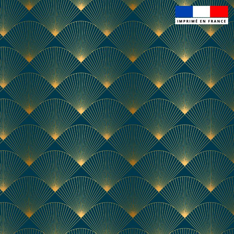 Popeline de coton peigné bleu paon motif damier éventail art déco dorée