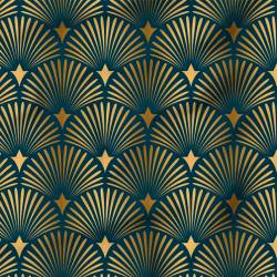 Popeline de coton peigné bleu paon motif palmette art déco dorée