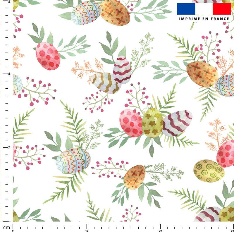 coupon - Coupon 145cm - Oeufs de Pâques fleuris - Fond blanc - Tissu anti-tâche 200gr/m² - 145 cm
