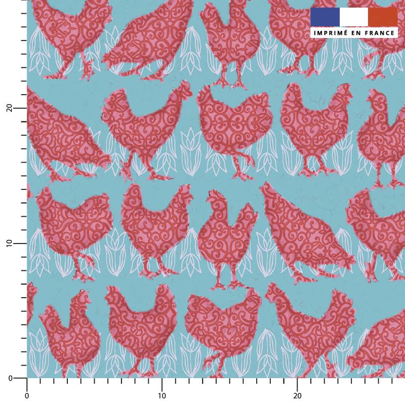 Poules roses - Fond bleu - Création Andréa Leonelli