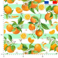 Oranges fleurs d'oranger et rayures vert d'eau - Fond blanc