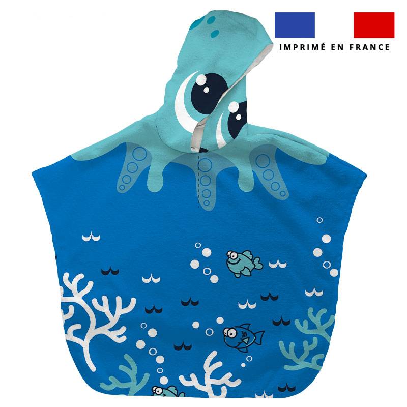 Patron imprimé sur tissu éponge pour poncho de bain motif pieuvre bleue