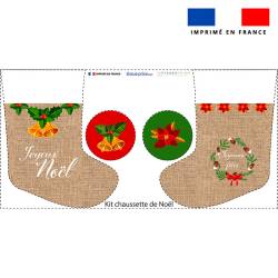 Kit chaussette de noel effet toile de jute motif noel rouge et vert + Fausse fourrure