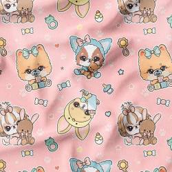 coupon - Coupon 100cm - Chiots - Fond rose - Création Jolifox - Tissu imperméable 300gr/m² - 150 cm