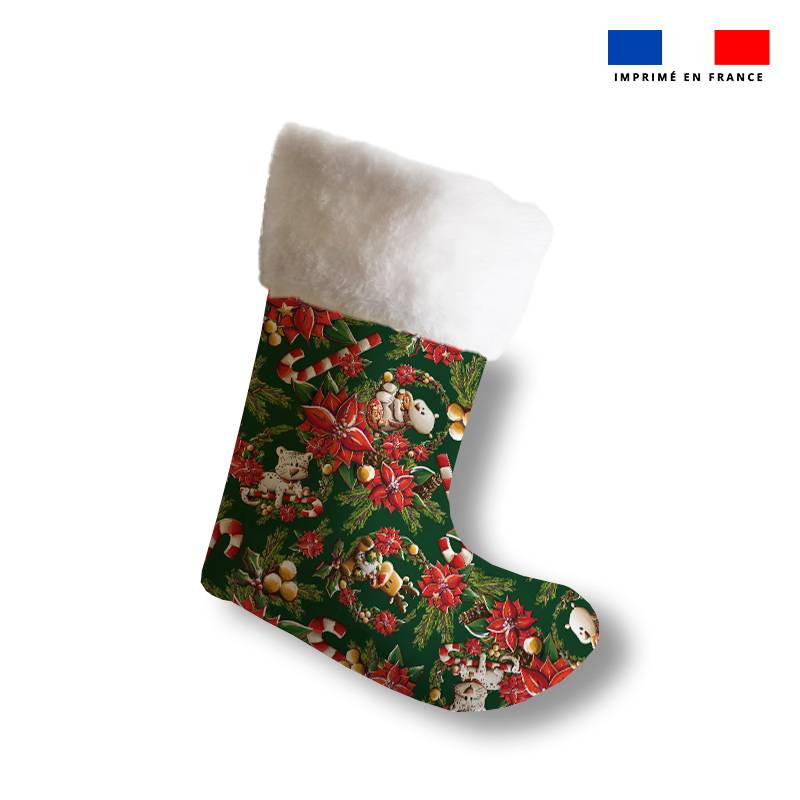 Kit chaussette de noel motif animaux couronne de Noel vert + Fausse fourrure - Création Stillistic