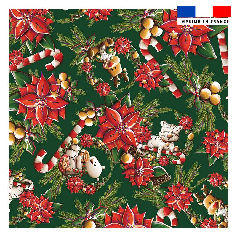 Coupon 45x45 cm imprimé animaux couronne et fleur de noel - Création Stillistic