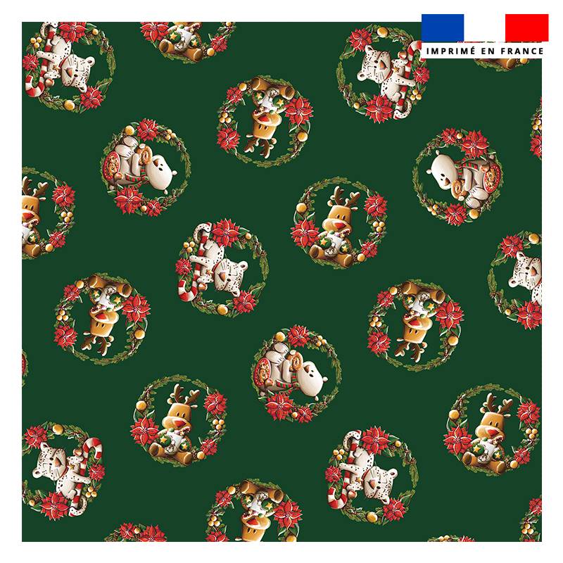 Coupon 45x45 cm imprimé animaux couronne de noel vert - Création Stillistic