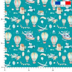 coupon - Coupon 50cm - Montgolfière aquarelle - Fond bleu canard - Burlington 170 gr/m² - 146 cm