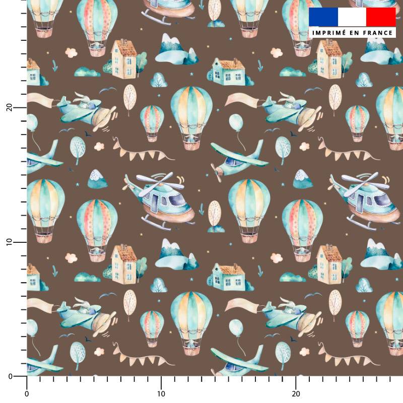 coupon - Coupon 50cm - Montgolfière aquarelle - Fond marron - Burlington 170 gr/m² - 146 cm