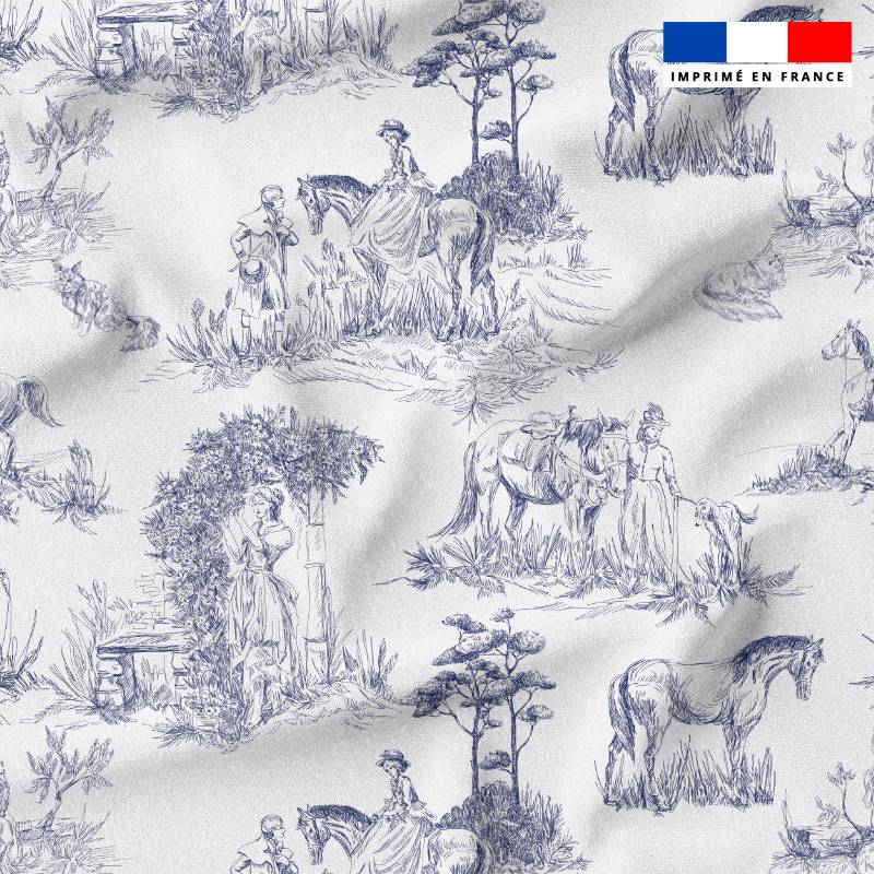 Toile de jouy et chevaux bleus - Fond blanc