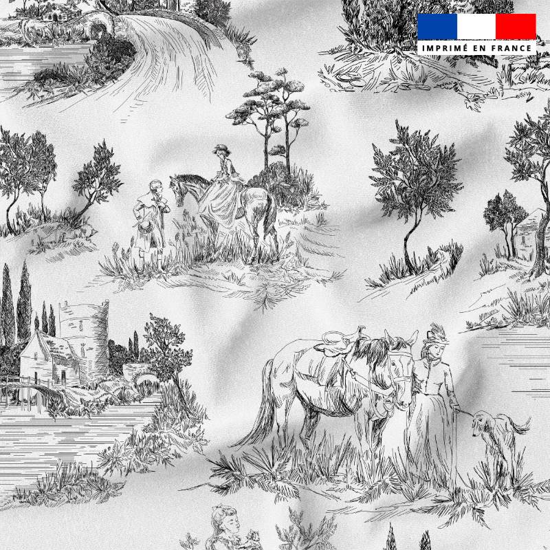 Toile de jouy paysage noir - Fond blanc