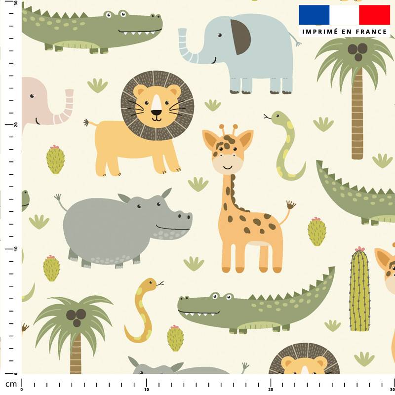 coupon - Coupon 50cm - Animaux de la savane - Fond beige - Éponge bambou 290 gr/m² - 150 cm