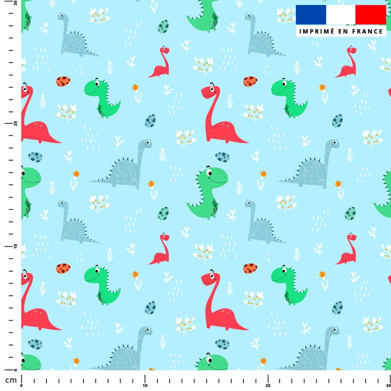 coupon - Coupon 100cm - Dinosaure - Fond bleu clair - Popeline de coton peigné 129gr/m² - 144 cm