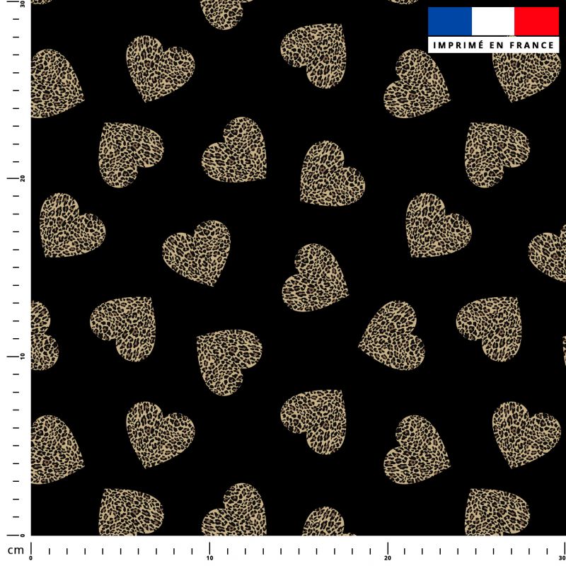 coupon - Coupon 50cm - Coeur léopard - Fond noir - Toile canvas aspect coton 316 gr/m² - 148 cm