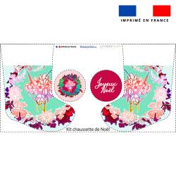 Kit chaussette de noel turquoise motif fleuri + Fausse fourrure - Création Lili Bambou Design