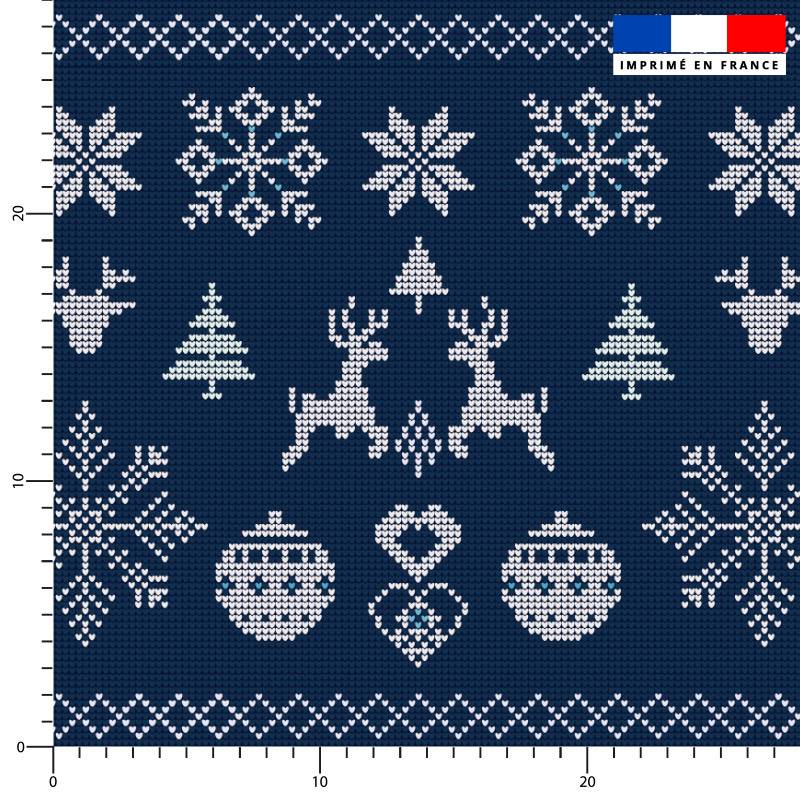 Flocon et renne de Noël effet tricoté - Fond bleu