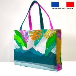 coupon - Défaut inscrit "maitresse a la retraite" Kit couture sac cabas personnalisé - Feuilles tropicales roses et bleues - Tissu imperméable 300gr/m² - King (grand)