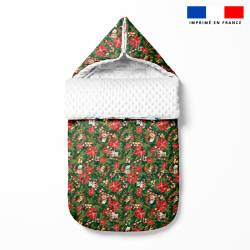 coupon - Coupon Défaut petite marque rouge dans le motif 50cm - Animaux couronne et fleur de noel - Fond vert - Création Stillistic - Popeline de coton peigné 129gr/m² - 144 cm