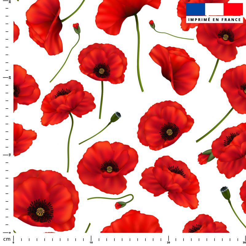 coupon - Coupon Défaut trait rouge en bord de lisière 100cm - Grand coquelicot - Fond blanc - Popeline de coton peigné 129gr/m² - 144 cm