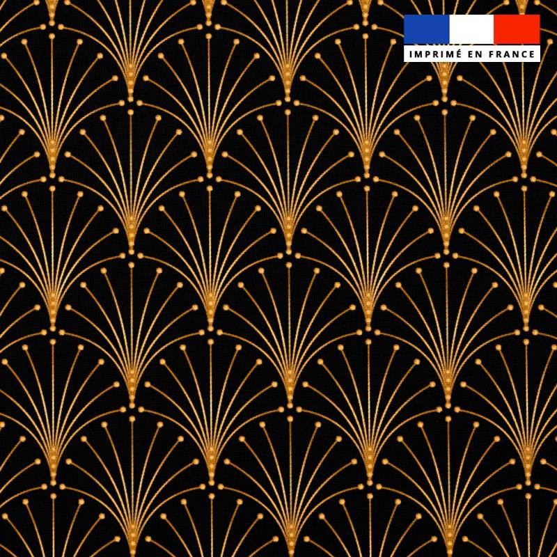 coupon - Coupon 150cm - Popeline de coton peigné noire motif plume art déco or - Popeline de coton peigné 129gr/m² - 144 cm